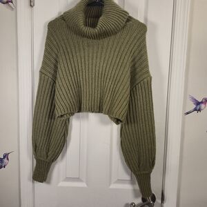 Urban Outfitters Olive Green Ribbed Knit Cropped Balloon Sleeve Sweater Size M